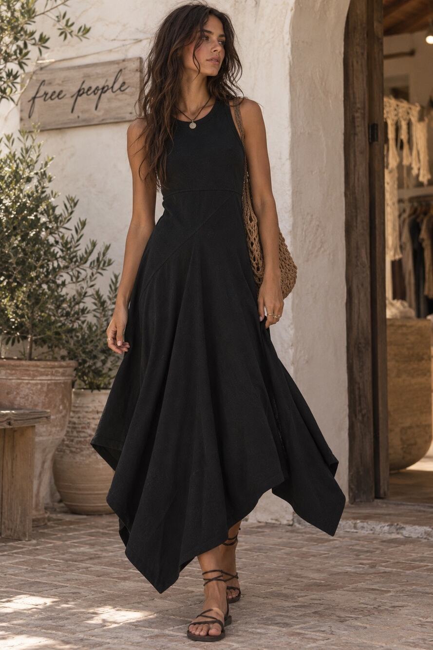 Free People FP Beach Dress Womens M Black Maxi Racerback Cotton Made USA Boho